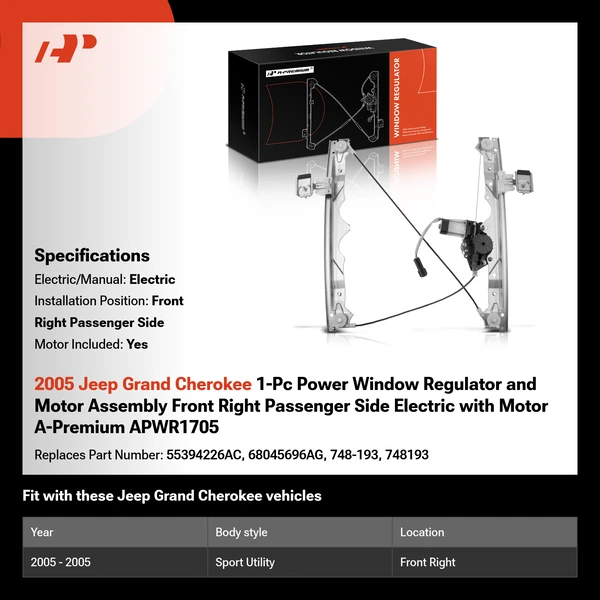 2005 Jeep Grand Cherokee 1-Pc Power Window Regulator and Motor Assembly Front Right Passenger Side Electric with Motor A-Premium APWR1705