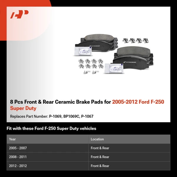 8 Pcs Front & Rear Ceramic Brake Pads for 2005-2012 Ford F-250 Super Duty