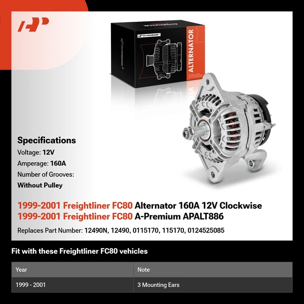 1999-2001 Freightliner FC80 Alternator 160A 12V Clockwise 1999-2001 Freightliner FC80 A-Premium APALT886