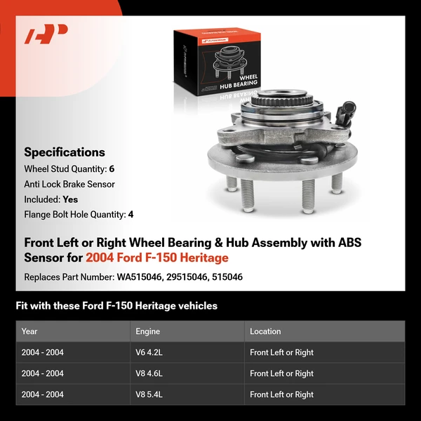 Front Left or Right Wheel Bearing & Hub Assembly with ABS Sensor for 2004 Ford F-150 Heritage