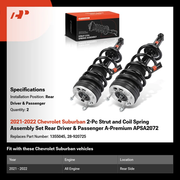 2021-2022 Chevrolet Suburban 2-Pc Strut and Coil Spring Assembly Set Rear Driver & Passenger A-Premium APSA2072