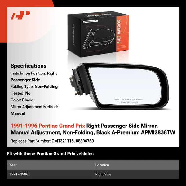1991-1996 Pontiac Grand Prix Right Passenger Side Mirror, Manual Adjustment, Non-Folding, Black A-Premium APMI2838TW