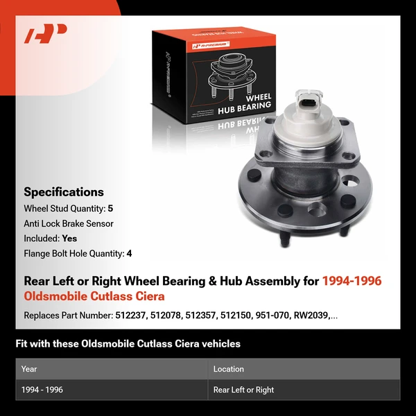 Rear Left or Right Wheel Bearing & Hub Assembly for 1994-1996 Oldsmobile Cutlass Ciera