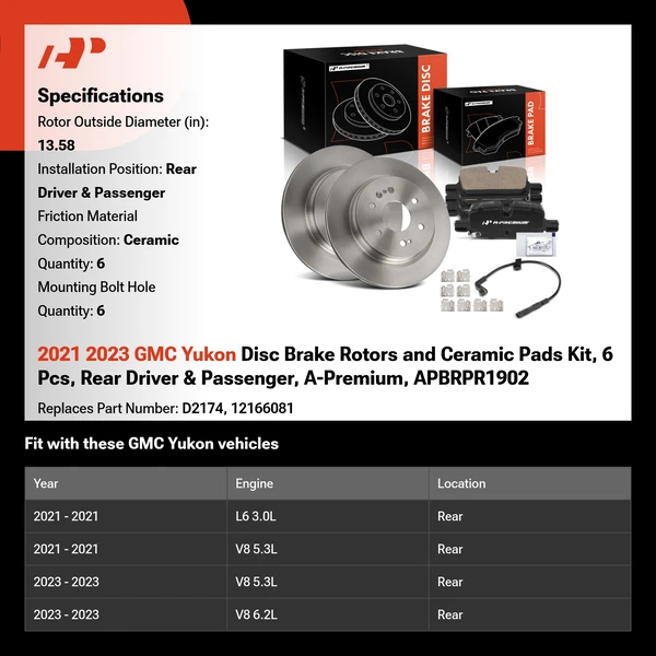2021 2023 GMC Yukon Disc Brake Rotors and Ceramic Pads Kit, 6 Pcs, Rear Driver & Passenger, A-Premium, APBRPR1902