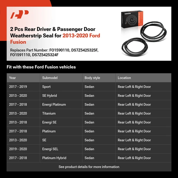 2 Pcs Rear Driver & Passenger Door Weatherstrip Seal for 2013-2020 Ford Fusion