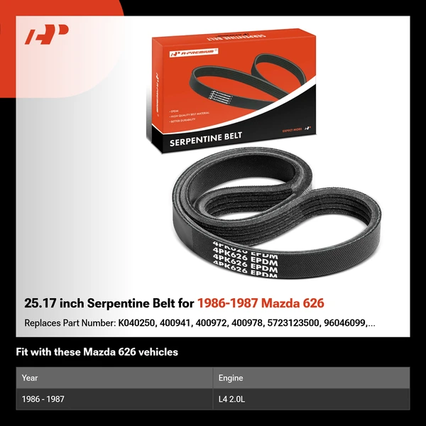 25.17 inch Serpentine Belt for 1986-1987 Mazda 626