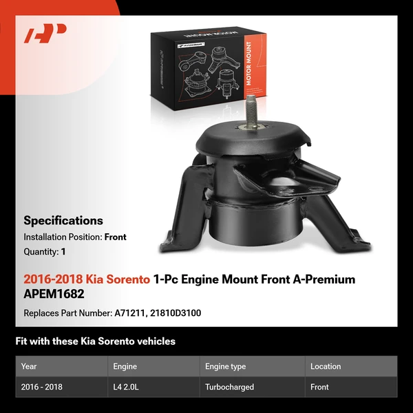 2016-2018 Kia Sorento 1-Pc Engine Mount Front A-Premium APEM1682