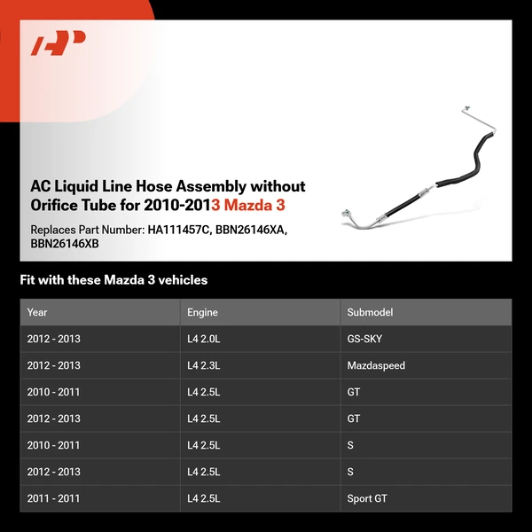 AC Liquid Line Hose Assembly without Orifice Tube for 2010-2013 Mazda 3