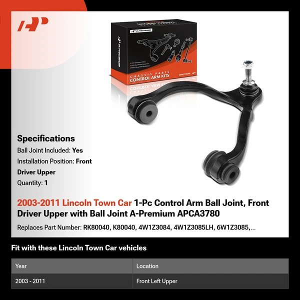 2003-2011 Lincoln Town Car 1-Pc Control Arm Ball Joint, Front Driver Upper with Ball Joint A-Premium APCA3780