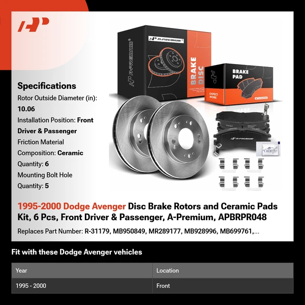 1995-2000 Dodge Avenger Disc Brake Rotors and Ceramic Pads Kit, 6 Pcs, Front Driver & Passenger, A-Premium, APBRPR048