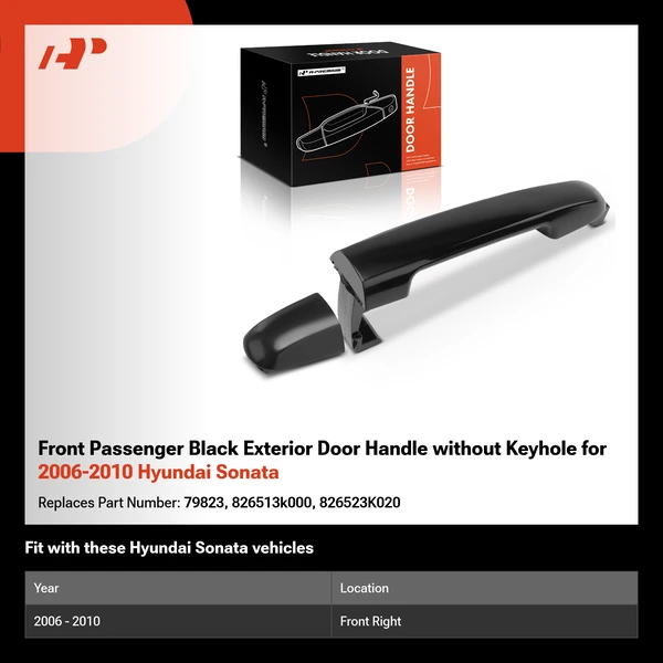 Front Passenger Black Exterior Door Handle without Keyhole for 2006-2010 Hyundai Sonata