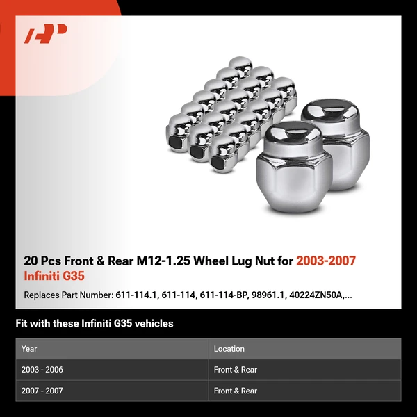 20 Pcs Front & Rear M12-1.25 Wheel Lug Nut for 2003-2007 Infiniti G35