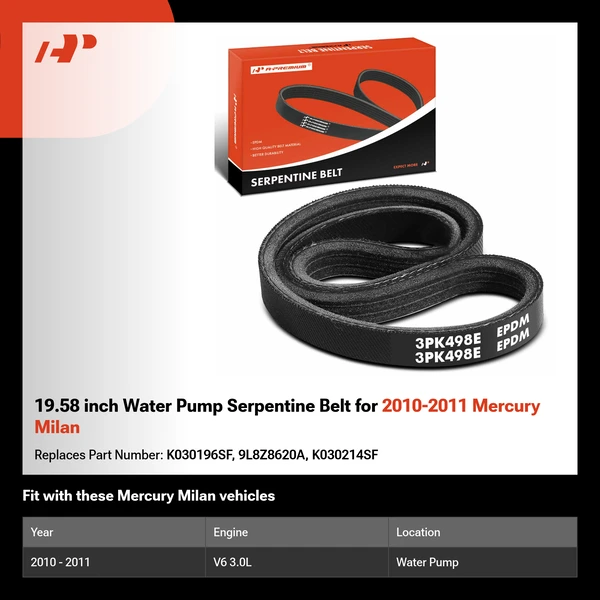 19.58 inch Water Pump Serpentine Belt for 2010-2011 Mercury Milan