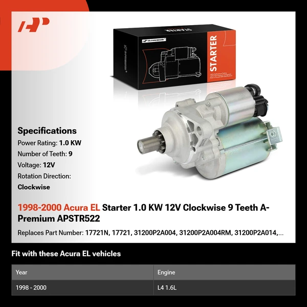 1998-2000 Acura EL Starter 1.0 KW 12V Clockwise 9 Teeth A-Premium APSTR522