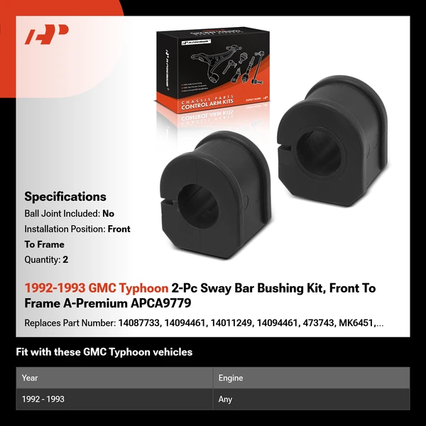 1992-1993 GMC Typhoon 2-Pc Sway Bar Bushing Kit, Front To Frame A-Premium APCA9779