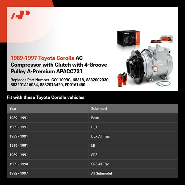 1989-1997 Toyota Corolla AC Compressor with Clutch with 4-Groove Pulley A-Premium APACC721
