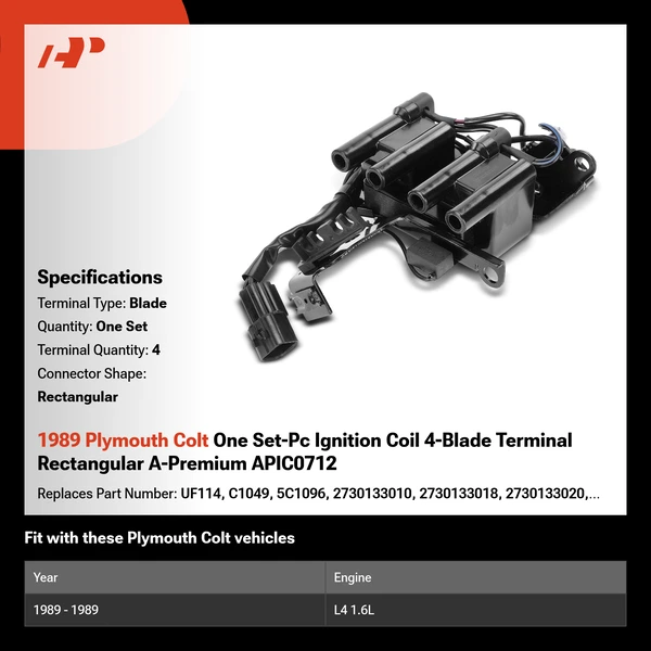 1989 Plymouth Colt One Set-Pc Ignition Coil 4-Blade Terminal Rectangular A-Premium APIC0712