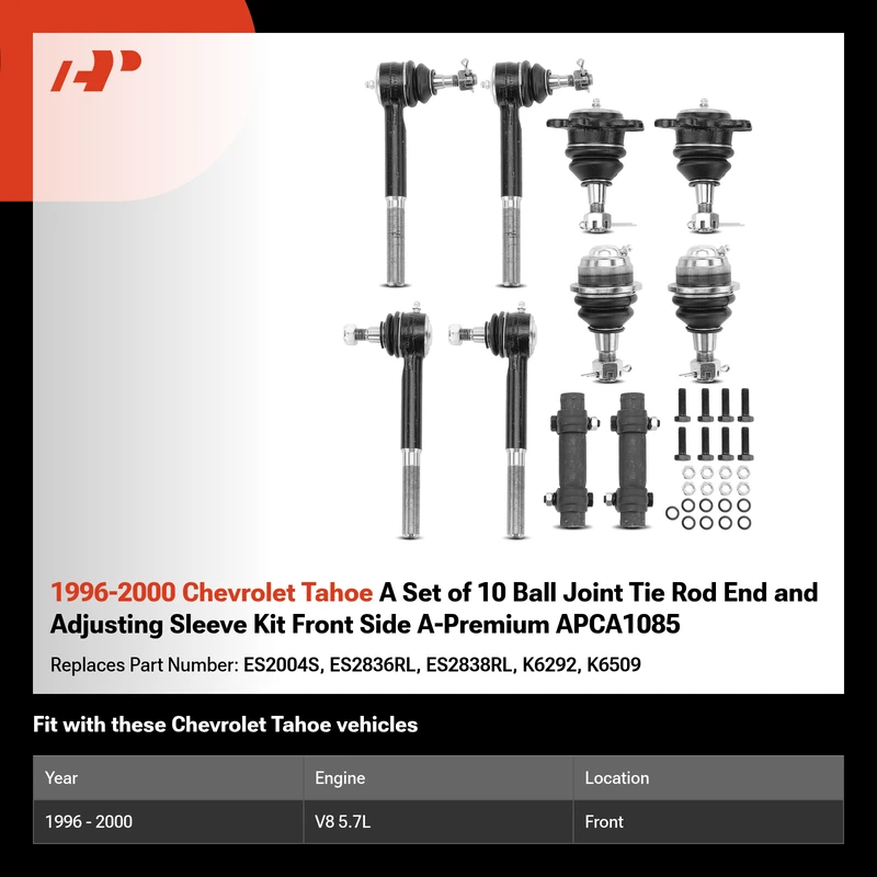 1996-2000 Chevrolet Tahoe A Set of 10 Ball Joint Tie Rod End and Adjusting Sleeve Kit Front Side A-Premium APCA1085