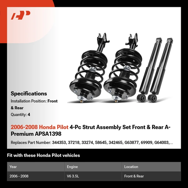 2006-2008 Honda Pilot 4-Pc Strut Assembly Set Front & Rear A-Premium APSA1398