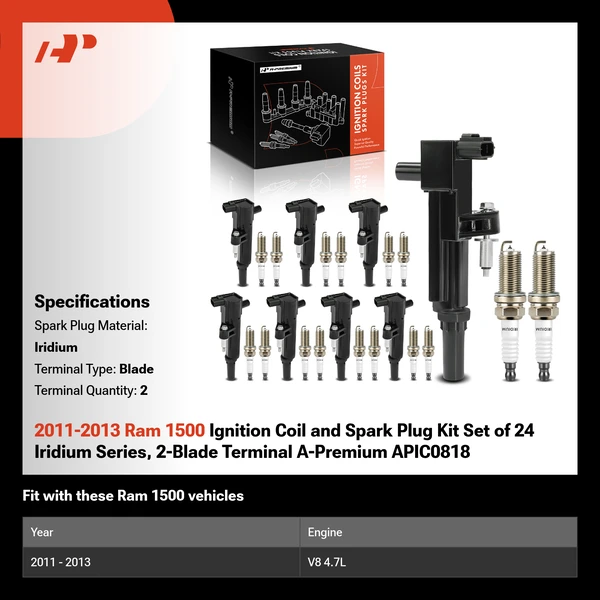 2011-2013 Ram 1500 Ignition Coil and Spark Plug Kit Set of 24 Iridium Series, 2-Blade Terminal A-Premium APIC0818