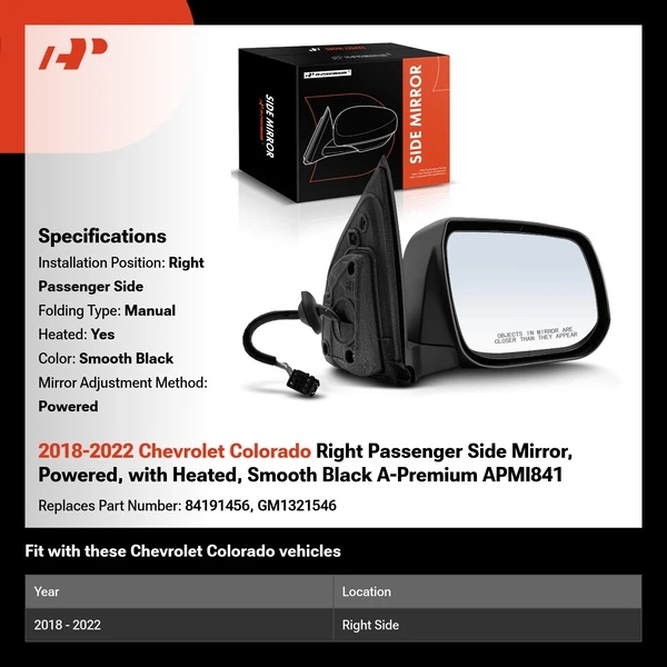 2018-2022 Chevrolet Colorado Right Passenger Side Mirror, Powered, with Heated, Smooth Black A-Premium APMI841