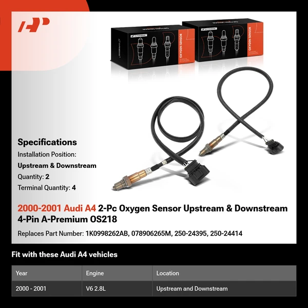 2000-2001 Audi A4 2-Pc Oxygen Sensor Upstream & Downstream 4-Pin A-Premium OS218