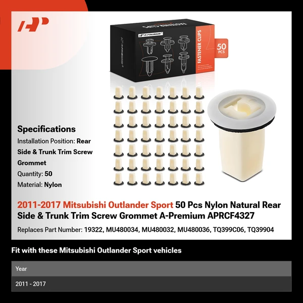 2011-2017 Mitsubishi Outlander Sport 50 Pcs Nylon Natural Rear Side & Trunk Trim Screw Grommet A-Premium APRCF4327