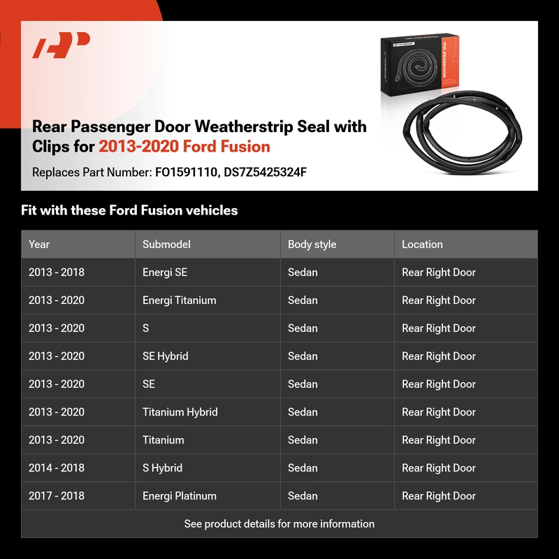 Rear Passenger Door Weatherstrip Seal with Clips for 2013-2020 Ford Fusion