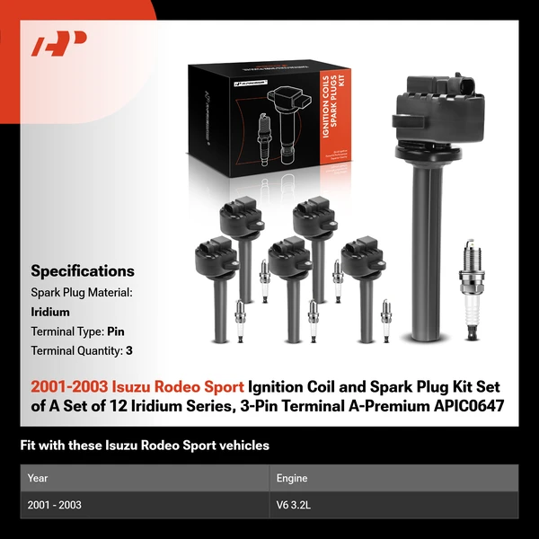 2001-2003 Isuzu Rodeo Sport Ignition Coil and Spark Plug Kit Set of A Set of 12 Iridium Series, 3-Pin Terminal A-Premium APIC0647