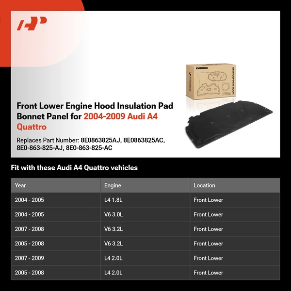 Front Lower Engine Hood Insulation Pad Bonnet Panel for 2004-2009 Audi A4 Quattro