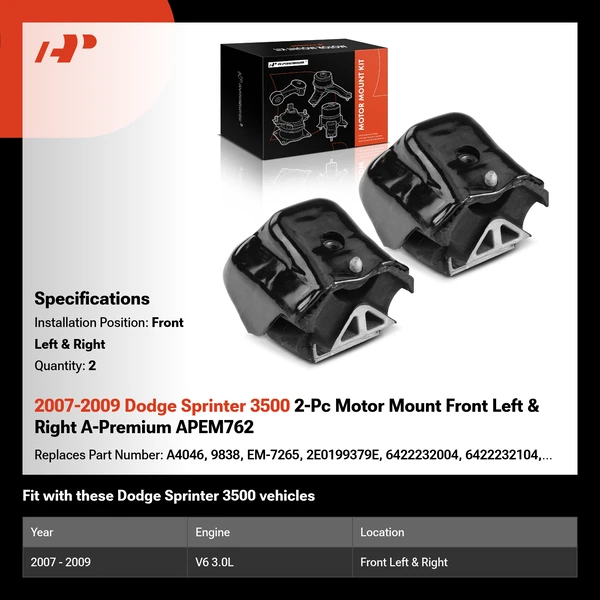 2007-2009 Dodge Sprinter 3500 2-Pc Motor Mount Front Left & Right A-Premium APEM762