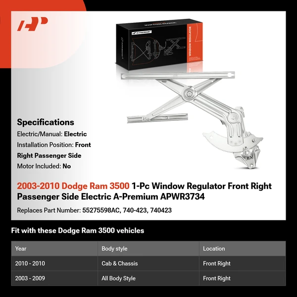 2003-2010 Dodge Ram 3500 1-Pc Window Regulator Front Right Passenger Side Electric A-Premium APWR3734