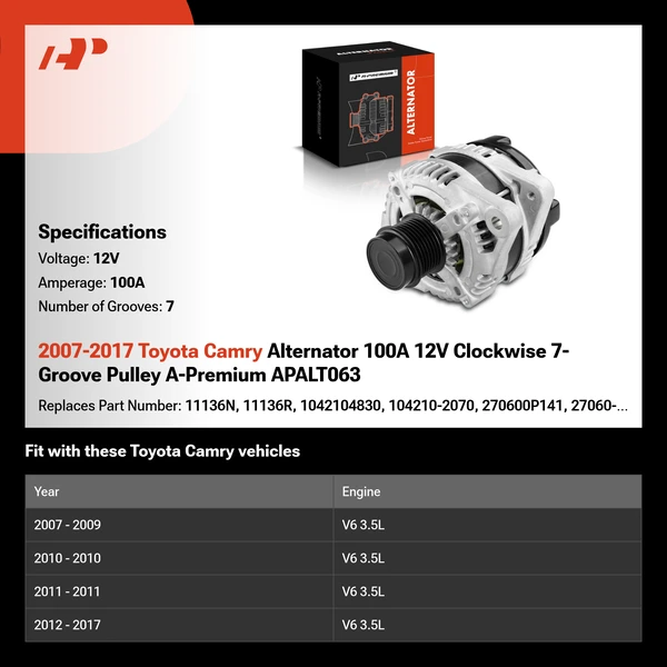 2007-2017 Toyota Camry Alternator 100A 12V Clockwise 7-Groove Pulley A-Premium APALT063