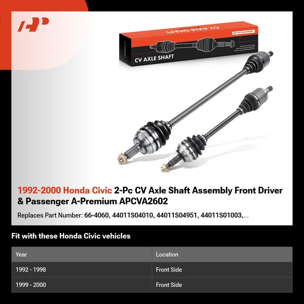 1992-2000 Honda Civic 2-Pc CV Axle Shaft Assembly Front Driver & Passenger A-Premium APCVA2602