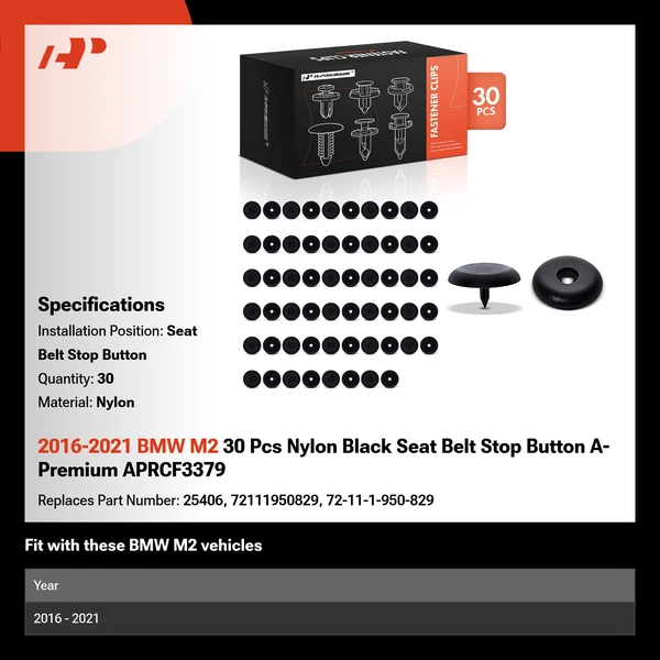 2016-2021 BMW M2 30 Pcs Nylon Black Seat Belt Stop Button A-Premium APRCF3379