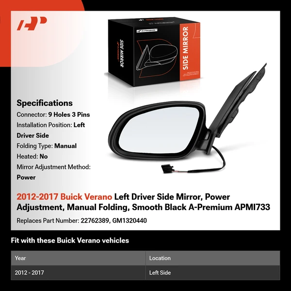 2012-2017 Buick Verano Left Driver Side Mirror, Power Adjustment, Manual Folding, Smooth Black A-Premium APMI733