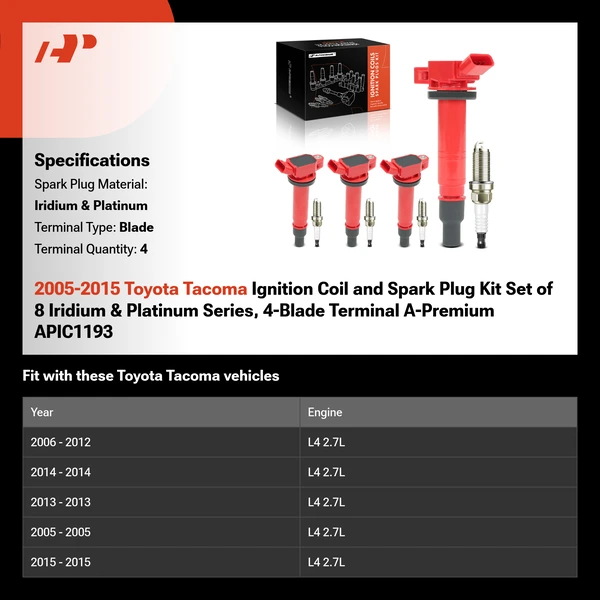 2005-2015 Toyota Tacoma Ignition Coil and Spark Plug Kit Set of 8 Iridium & Platinum Series, 4-Blade Terminal A-Premium APIC1193