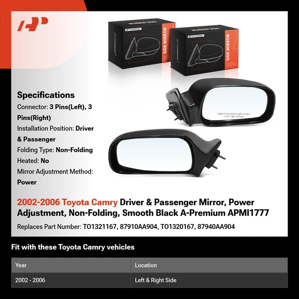 2002-2006 Toyota Camry Driver & Passenger Mirror, Power Adjustment, Non-Folding, Smooth Black A-Premium APMI1777