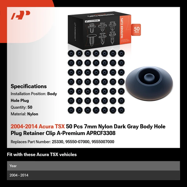 2004-2014 Acura TSX 50 Pcs 7mm Nylon Dark Gray Body Hole Plug Retainer Clip A-Premium APRCF3308