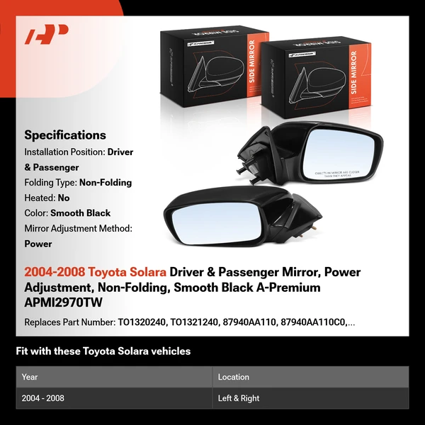 2004-2008 Toyota Solara Driver & Passenger Mirror, Power Adjustment, Non-Folding, Smooth Black A-Premium APMI2970TW