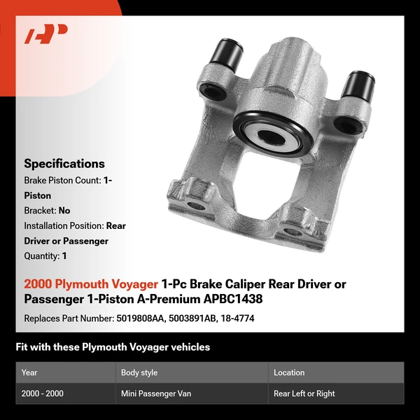 2000 Plymouth Voyager 1-Pc Brake Caliper Rear Driver or Passenger 1-Piston A-Premium APBC1438