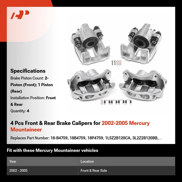 4 Pcs Front & Rear Brake Calipers for 2002-2005 Mercury Mountaineer
