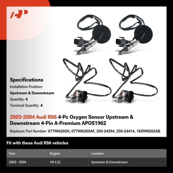 2003-2004 Audi RS6 4-Pc Oxygen Sensor Upstream & Downstream 4-Pin A-Premium APOS1962