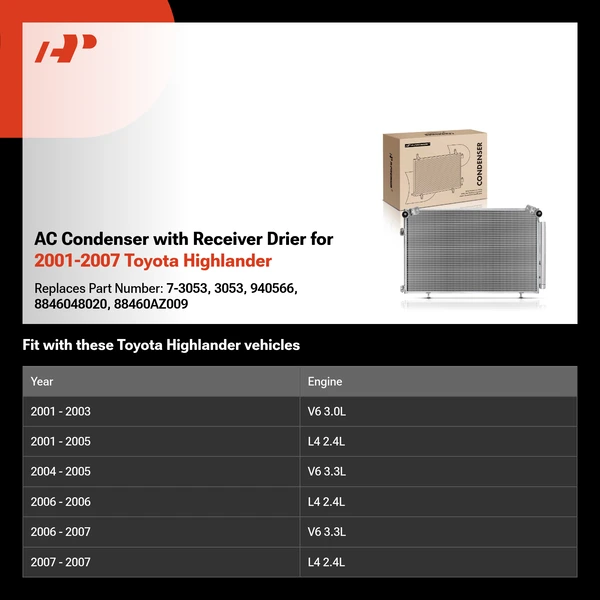 AC Condenser with Receiver Drier for 2001-2007 Toyota Highlander