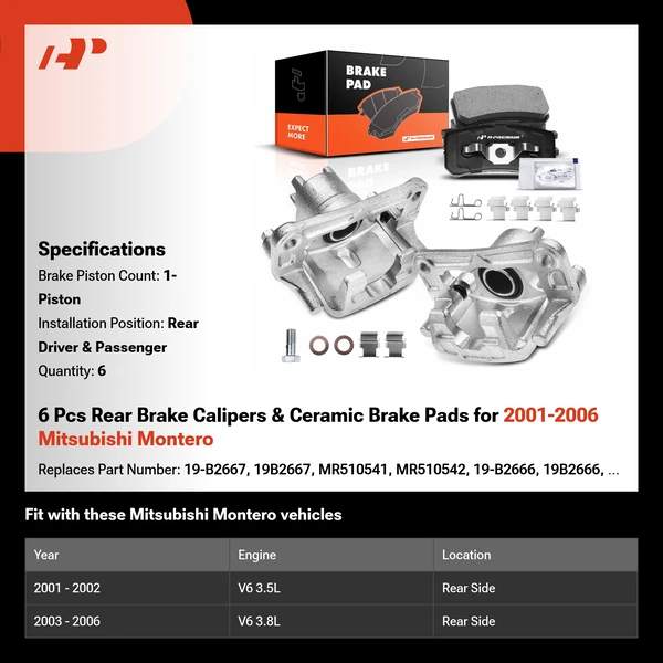 6 Pcs Rear Brake Calipers & Ceramic Brake Pads for 2001-2006 Mitsubishi Montero
