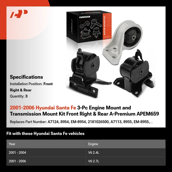 2001-2006 Hyundai Santa Fe 3-Pc Engine Mount and Transmission Mount Kit Front Right & Rear A-Premium APEM659