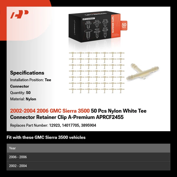 2002-2004 2006 GMC Sierra 3500 50 Pcs Nylon White Tee Connector Retainer Clip A-Premium APRCF2455