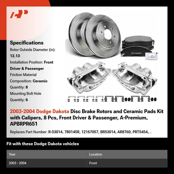 2003-2004 Dodge Dakota Disc Brake Rotors and Ceramic Pads Kit with Calipers, 8 Pcs, Front Driver & Passenger, A-Premium, APBRPR651