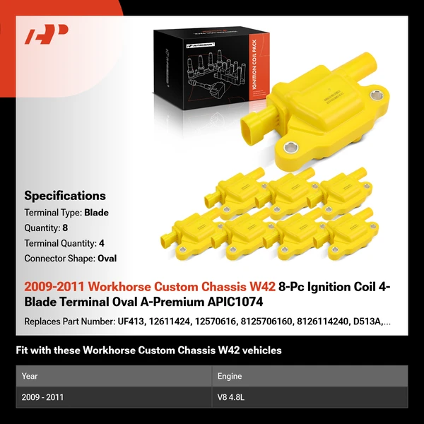 2009-2011 Workhorse Custom Chassis W42 A Set of 8-Pc Ignition Coil 4-Blade Terminal Oval A-Premium APIC1074