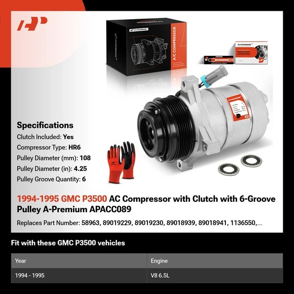 1994-1995 GMC P3500 AC Compressor with Clutch with 6-Groove Pulley A-Premium APACC089